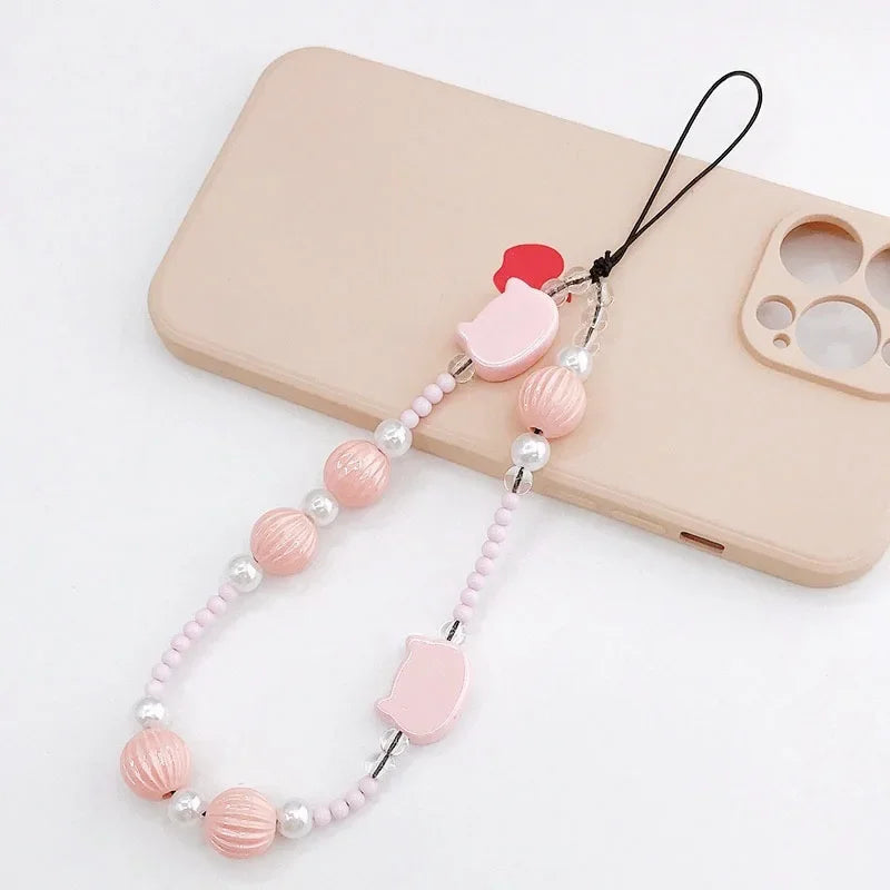 2024 Acrylic Flower Cat Head Beads Charm Phone Chain Lanyard Jewelry for Women Phone Case Strap Butterfly LOVE Letter Accessory