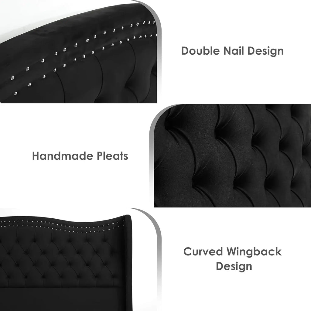 Queen Bed Frame, 55" Headboard Upholstered Bed with Tall Footbaord, Velvet Handmade Pleats Deep Button Tufted Wingback P
