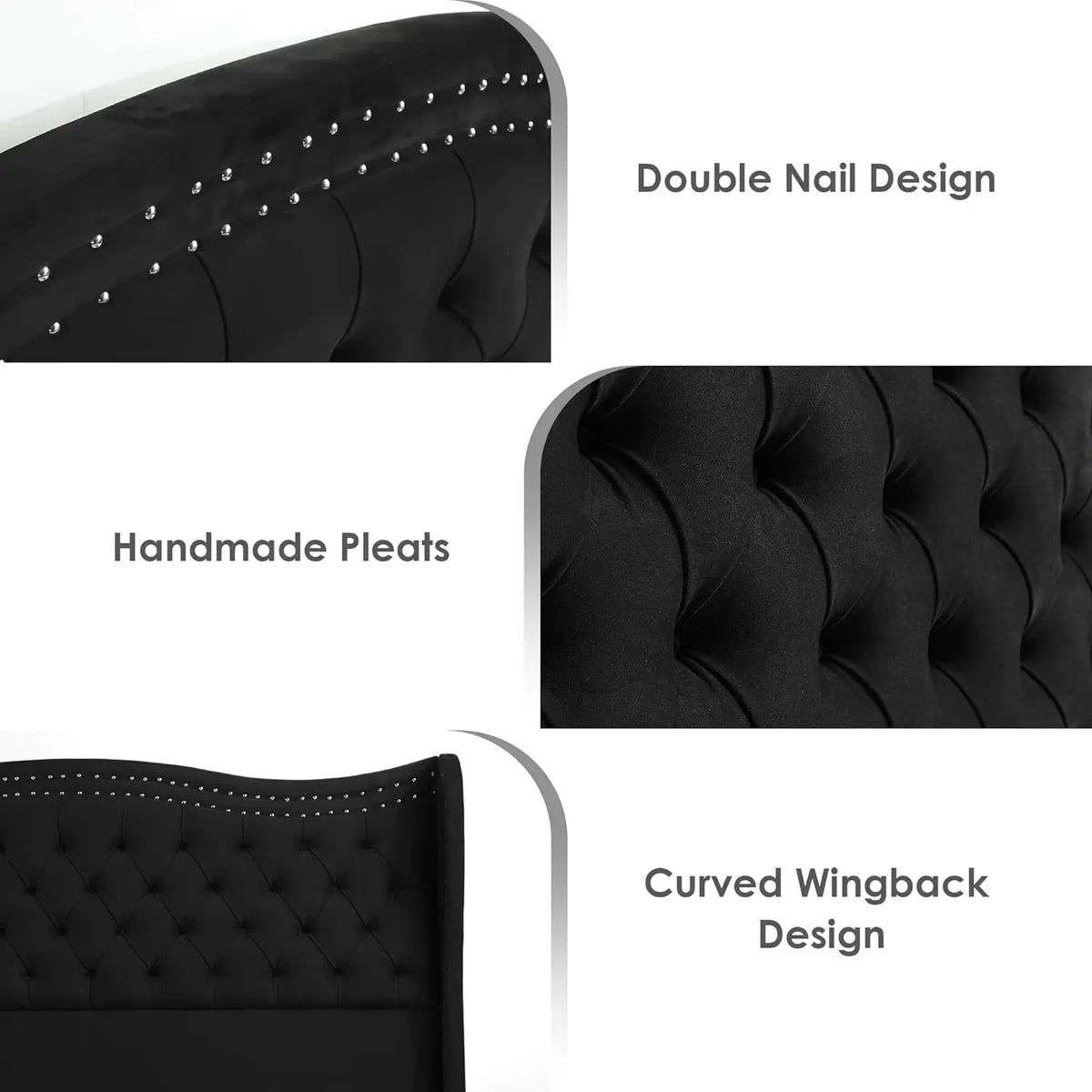 Queen Bed Frame, 55" Headboard Upholstered Bed with Tall Footbaord, Velvet Handmade Pleats Deep Button Tufted Wingback P