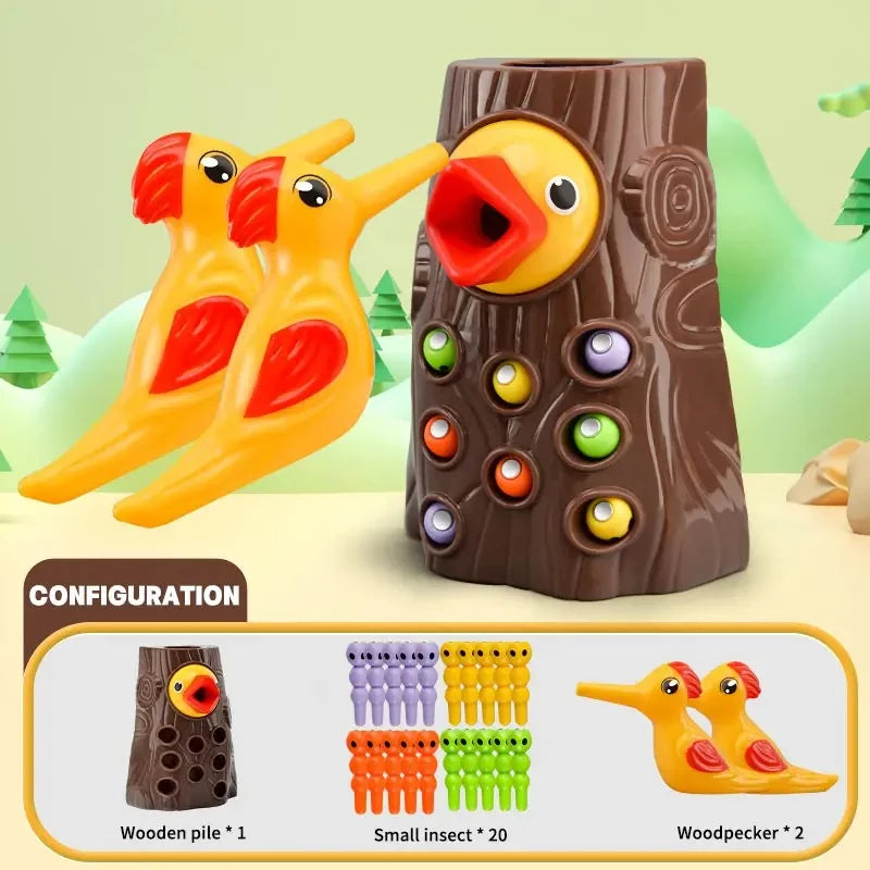 Montessori Toy Woodpecker Magnetic Catch Worm Bugs Small Birds Feeding Game Toys for Children Kids Early Educational Family Toys