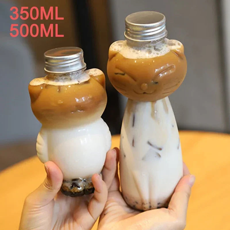 Cat Kawaii Water Bottles for Milk Tea Coffee Juice Portable Drinking Cup Home Transparent Juicing Beverage Drink Bottle BPA Free