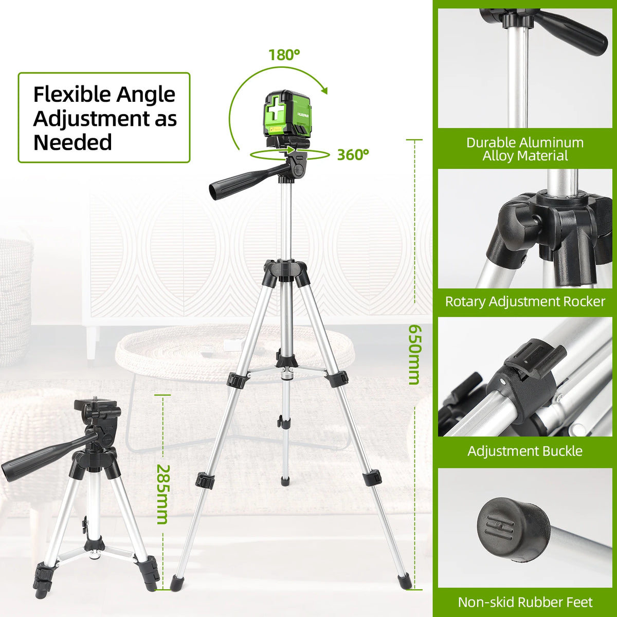 Huepar 2 Lines Laser Level Osram Green Beam Self-Leveling Horizontal & Vertical Cross Line Laser Leveling Tools Set With Tripod