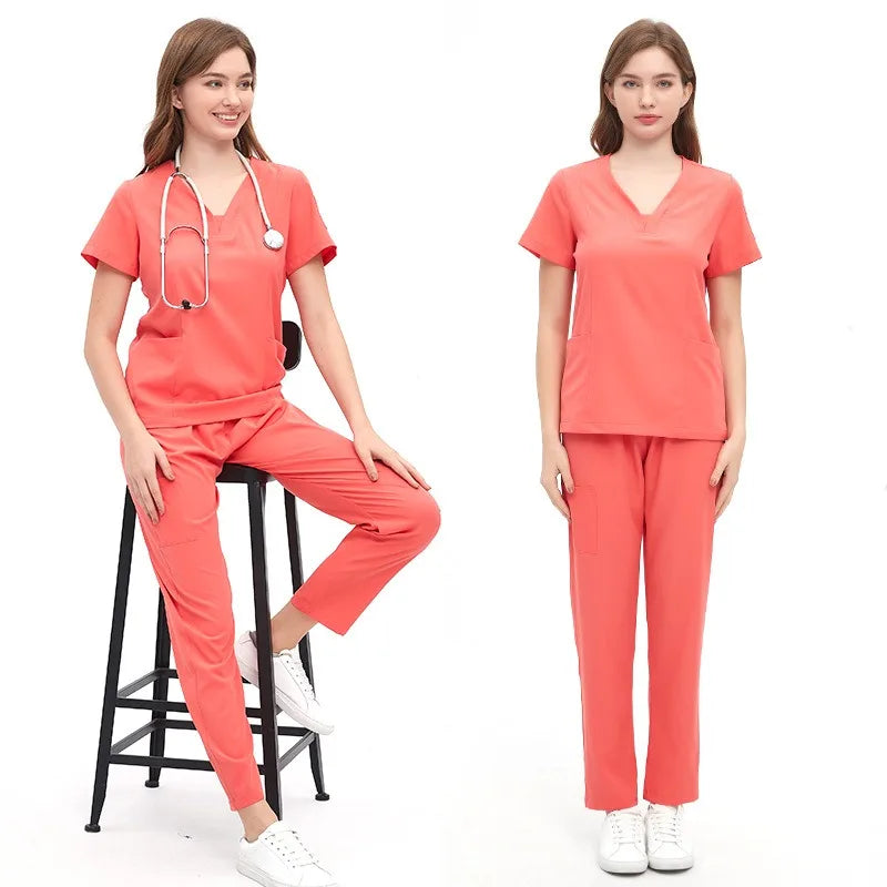 Jewel Collar Medical Scrub Uniform Solid Color Dental Clinic Nursing Sets Stretch Heathy Care Center Woking Clothes LMW008-01