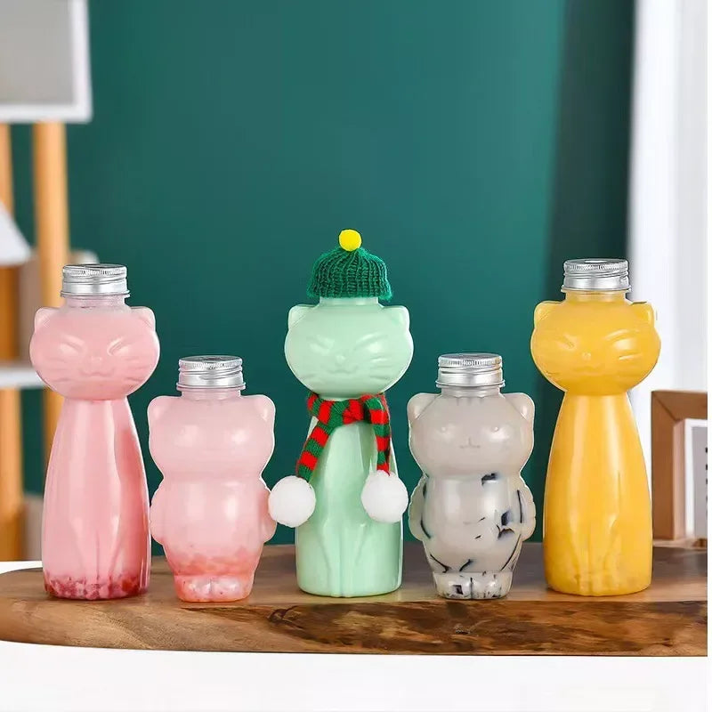 PET Cat Water Bottles for Milk Tea Coffee Juice Portable Drinking Cup Home Transparent Juicing Beverage Drink Bottle BPA Free