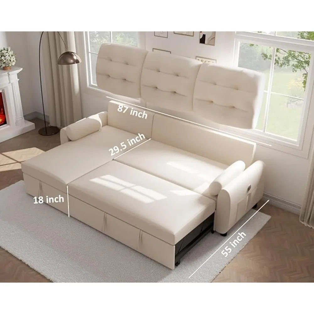Sectional Sofa Couch, 87" Sleeper Sofa Bed with Reversible Storage Chaise Pull Out Couch for Living Room