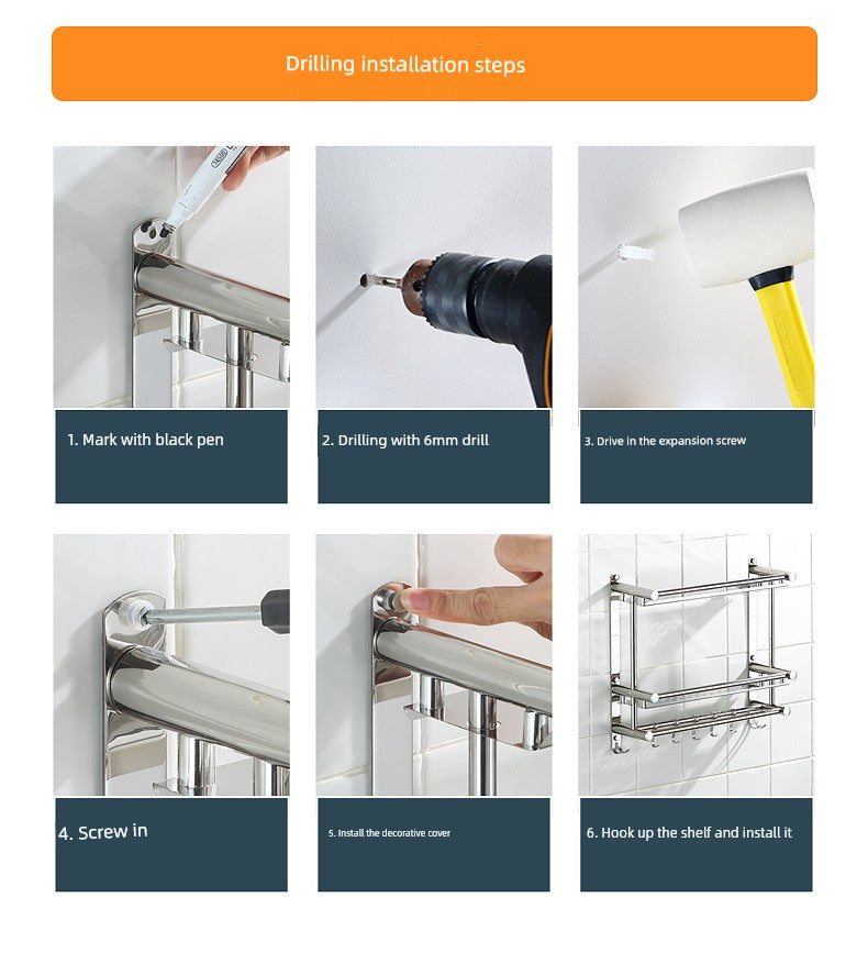 Punch-Free 304 Stainless Steel 2-Layer Bathroom Towel Rack