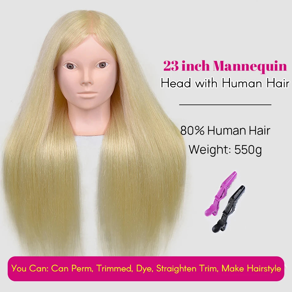 New Female Mannequin Training Doll Head With 80% Real Hair For Hairsyles Hairdressing Cosmetology Dolls Head With Stand Tripod