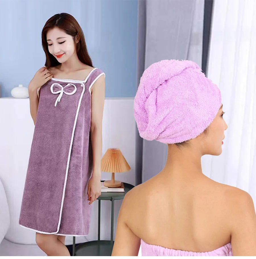 Bath Towel And Turban Hair Towel For Women With Lovely One Pocket Wearable Microfiber Towels 2 Pcs/Set Bathroom Accessories