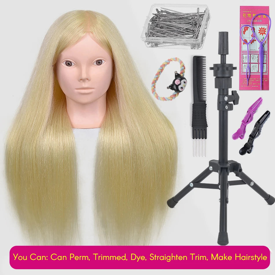 New Female Mannequin Training Doll Head With 80% Real Hair For Hairsyles Hairdressing Cosmetology Dolls Head With Stand Tripod