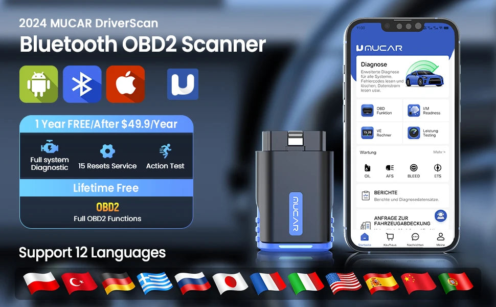 MUCAR DriverScan OBD2 Scanner Bluetooth, Bi-directional scan Tool OE Level All System Diagnostic Active Test 15 Service Function