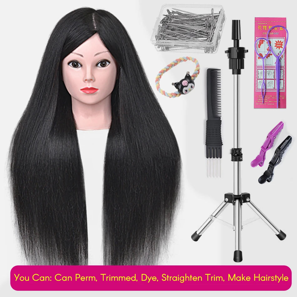 New Female Mannequin Training Doll Head With 80% Real Hair For Hairsyles Hairdressing Cosmetology Dolls Head With Stand Tripod