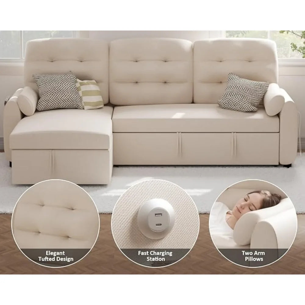 Sectional Sofa Couch, 87" Sleeper Sofa Bed with Reversible Storage Chaise Pull Out Couch for Living Room