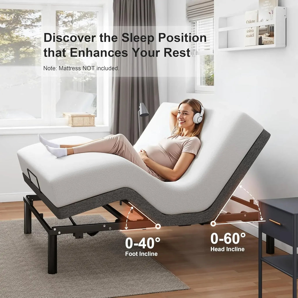 Queen Size Adjustable Bed Base, Wireless Remote Control, Whisper Quiet Durable Motor, Independent Head and Foot Inclin