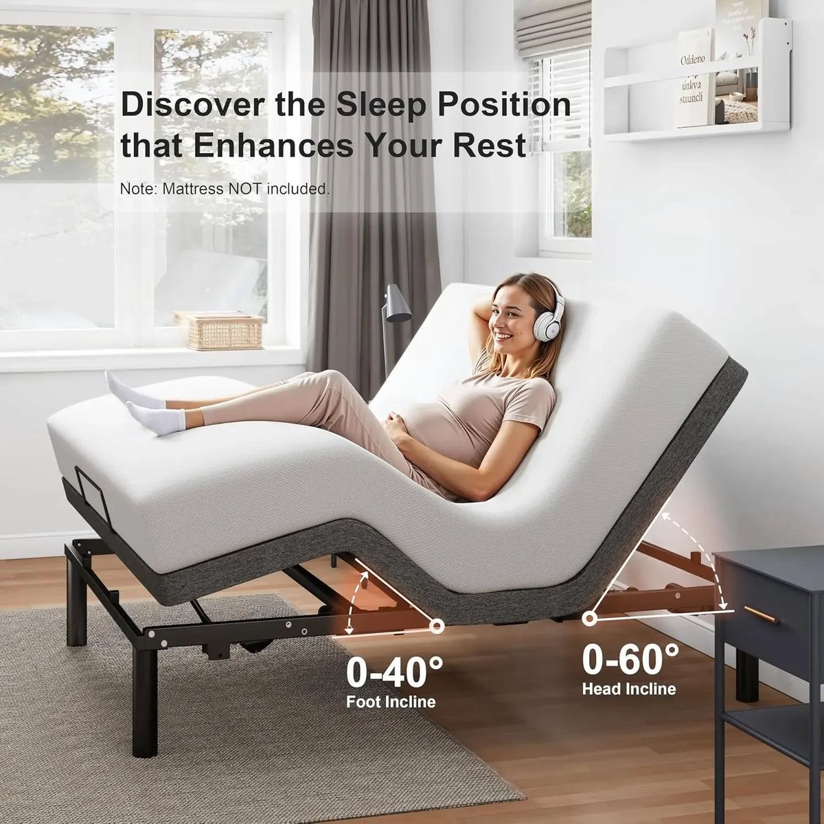 Queen Size Adjustable Bed Base, Wireless Remote Control, Whisper Quiet Durable Motor, Independent Head and Foot Inclin
