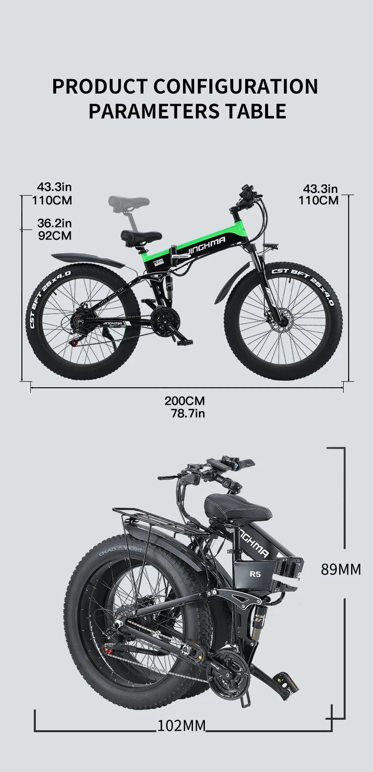 JINGHMA NEW R5 1000W Electric Bicycle 26 Inch Men's Bike 4.0 Fat Tires Ebike 48V 14AH Lithium Battery 45KM/H Mountain Motorcycl