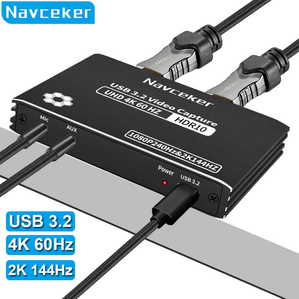Navceker 4K 60Hz HDMI USB 3.2 Capture 2K 120FPS USB C Video Card 1080P 240FPS Video Grabber Live Streaming For PS5 Camera XBox