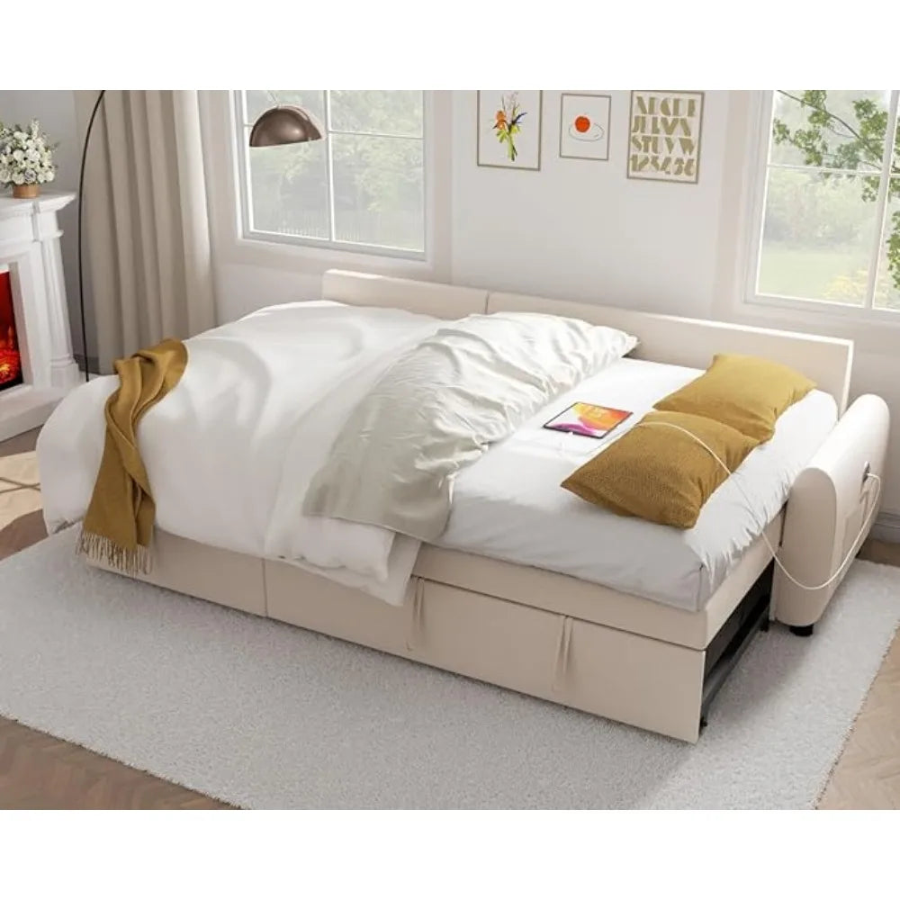Sectional Sofa Couch, 87" Sleeper Sofa Bed with Reversible Storage Chaise Pull Out Couch for Living Room