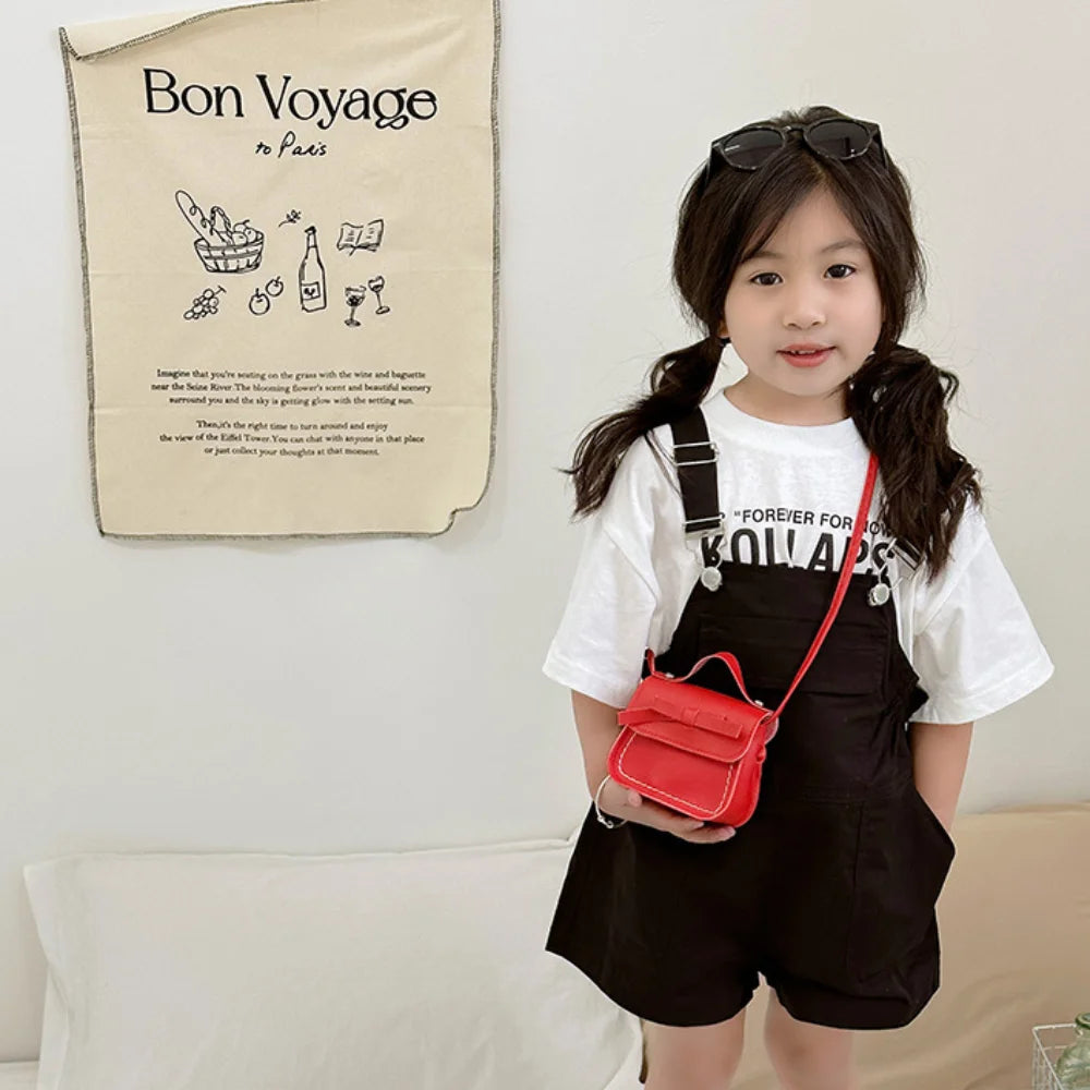 Casual PU Leather Bow Shoulder Bag Handbag Solid Color Bow Crossbody Bag Coin Purse Wallet Children Small Bag Streetwear