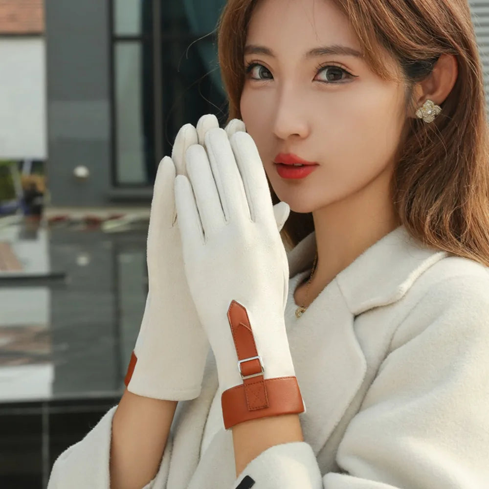 Fashion Thickened Women Suede Velvet Gloves Full Finger Plush Touch Screen Gloves Windproof Keep Warm Winter Mittens Outdooor