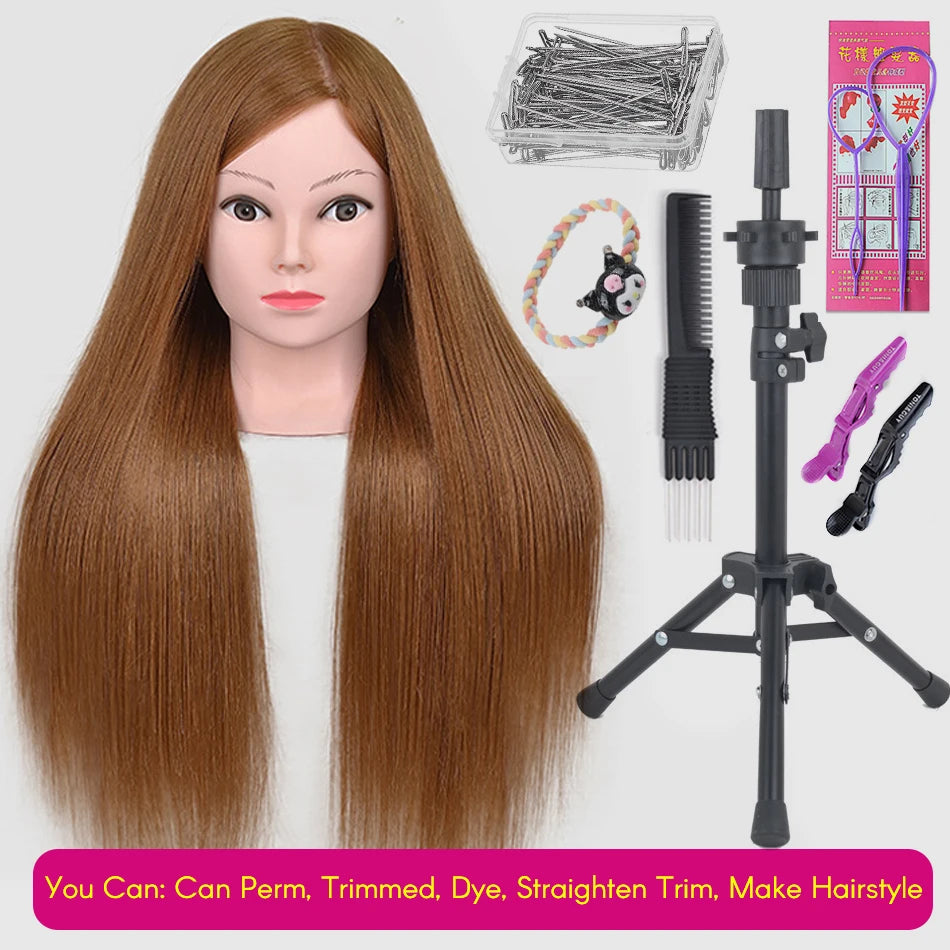 New Female Mannequin Training Doll Head With 80% Real Hair For Hairsyles Hairdressing Cosmetology Dolls Head With Stand Tripod