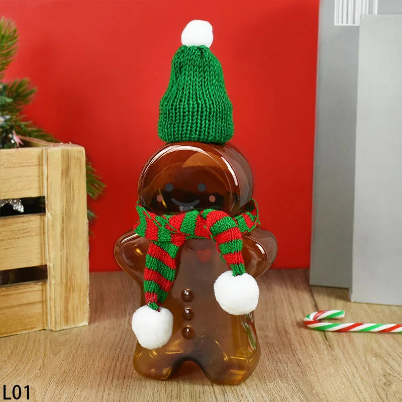 1Pc Christmas Gingerbread Man Portable Shaker Drink Bottle Milk Tea Beverage Thickened Transparent Bottle New Year Gifts