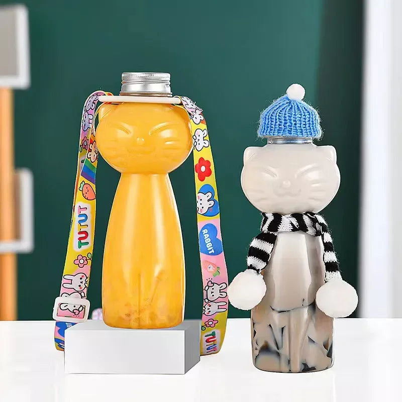 PET Cat Water Bottles for Milk Tea Coffee Juice Portable Drinking Cup Home Transparent Juicing Beverage Drink Bottle BPA Free