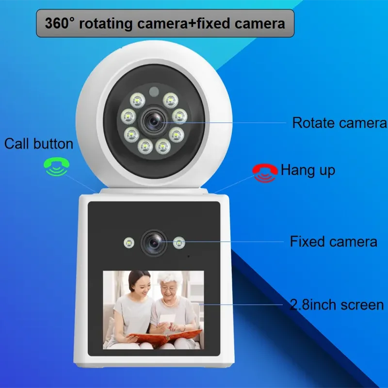 PTZ IP Camera Dual Lens 2MP LCD Screen Auto Tracking Indoor HD Smart Home Two way Audio WiFi Video Call Cam Color Night Vision