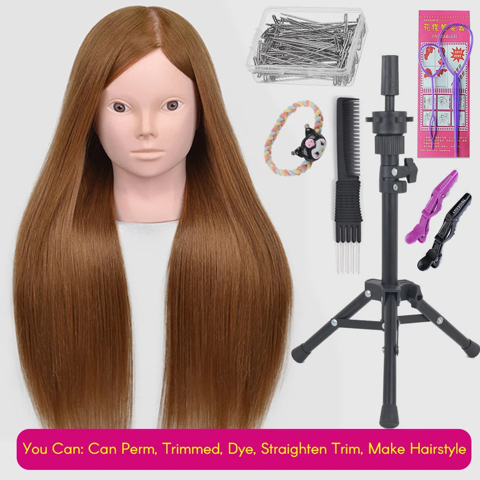 New Female Mannequin Training Doll Head With 80% Real Hair For Hairsyles Hairdressing Cosmetology Dolls Head With Stand Tripod