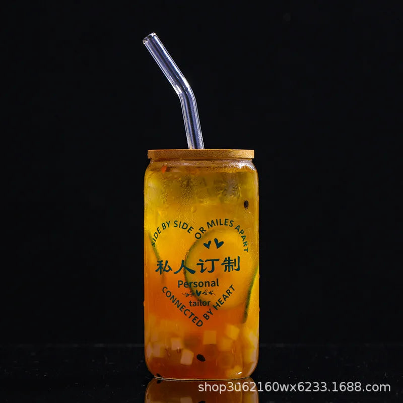 Cola Can with Bamboo Lid, Glass Beverage Juice Cup with Straw