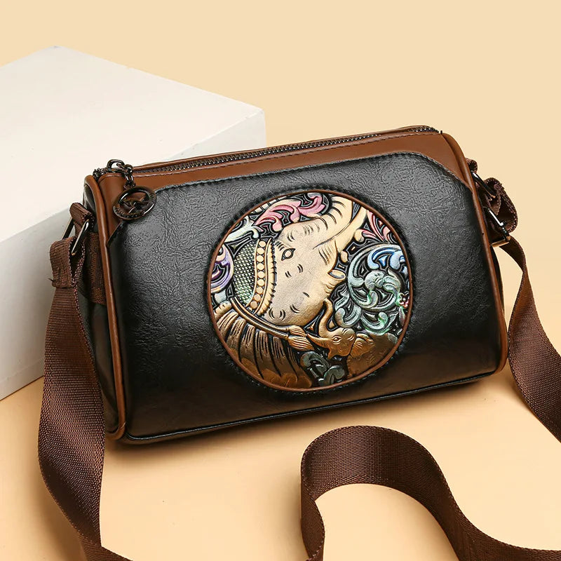 New Fashion Women's Shoulder Bag Brand Elephant Embroidery Women's Crossbody Bag Wallet High Quality Leather Girls' Cushion Bag