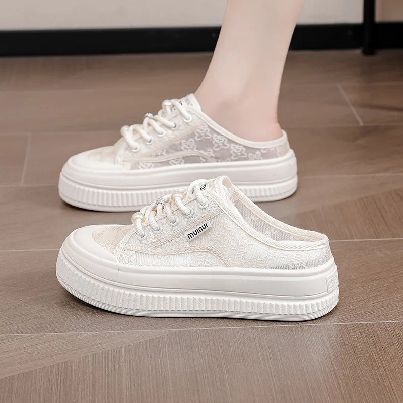 Women Slippers Outdooor Mesh Breathable Lace Up Thick Sole Sandals Wear Resistant Non-slip Fashion Causal Versatile 2024