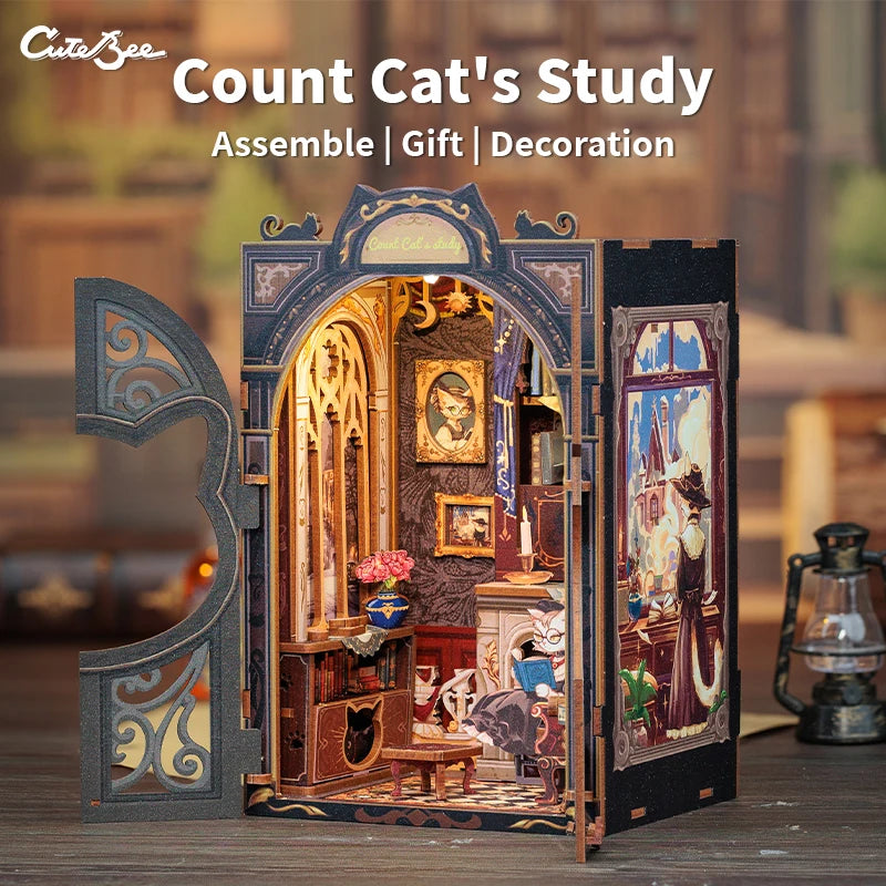 CUTEBEE Bookstore Book Nook with Light DIY Miniature Wooden Dollhouse for Decor Gift Bookshelf Insert Kit 3D Puzzle