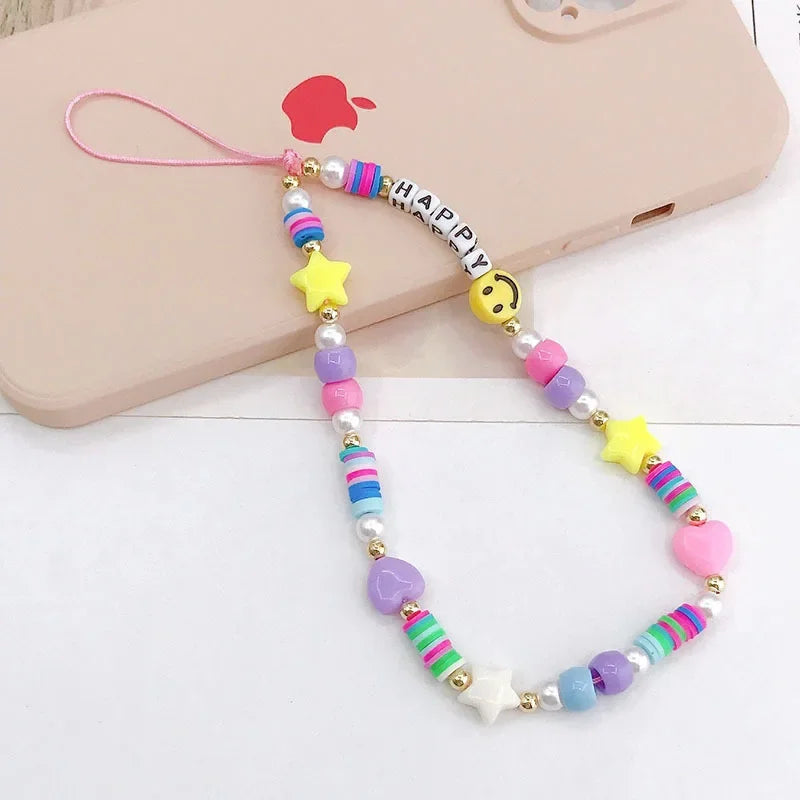 Bohemian Butterfly Soft Pottery Phone Chain Lanyard DIY Letters LOVE Pearl Beaded Phone Case Rope Charm Jewelry Accessories 2023