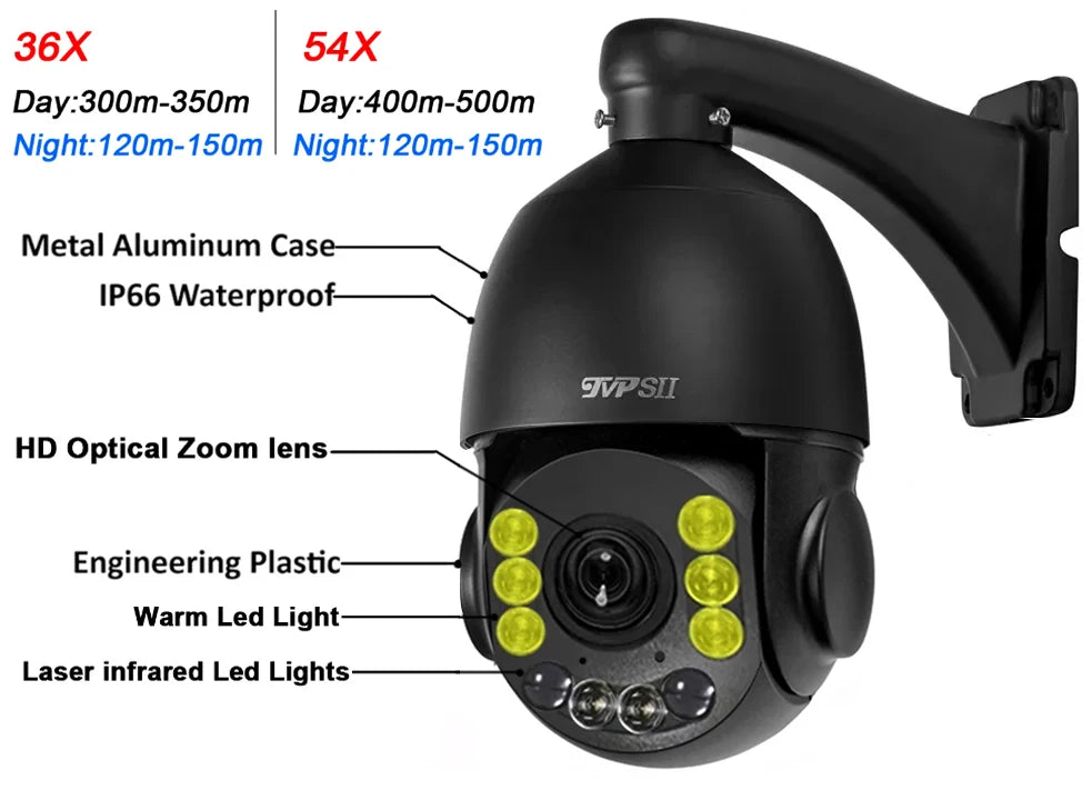 Max.256G Full Color Auto Tracking CamHi H.265+ 8MP 4K IMX415 54X Optical Zoom Audio Alarm WIFI POE PTZ 2 in 1 IP Security Camera