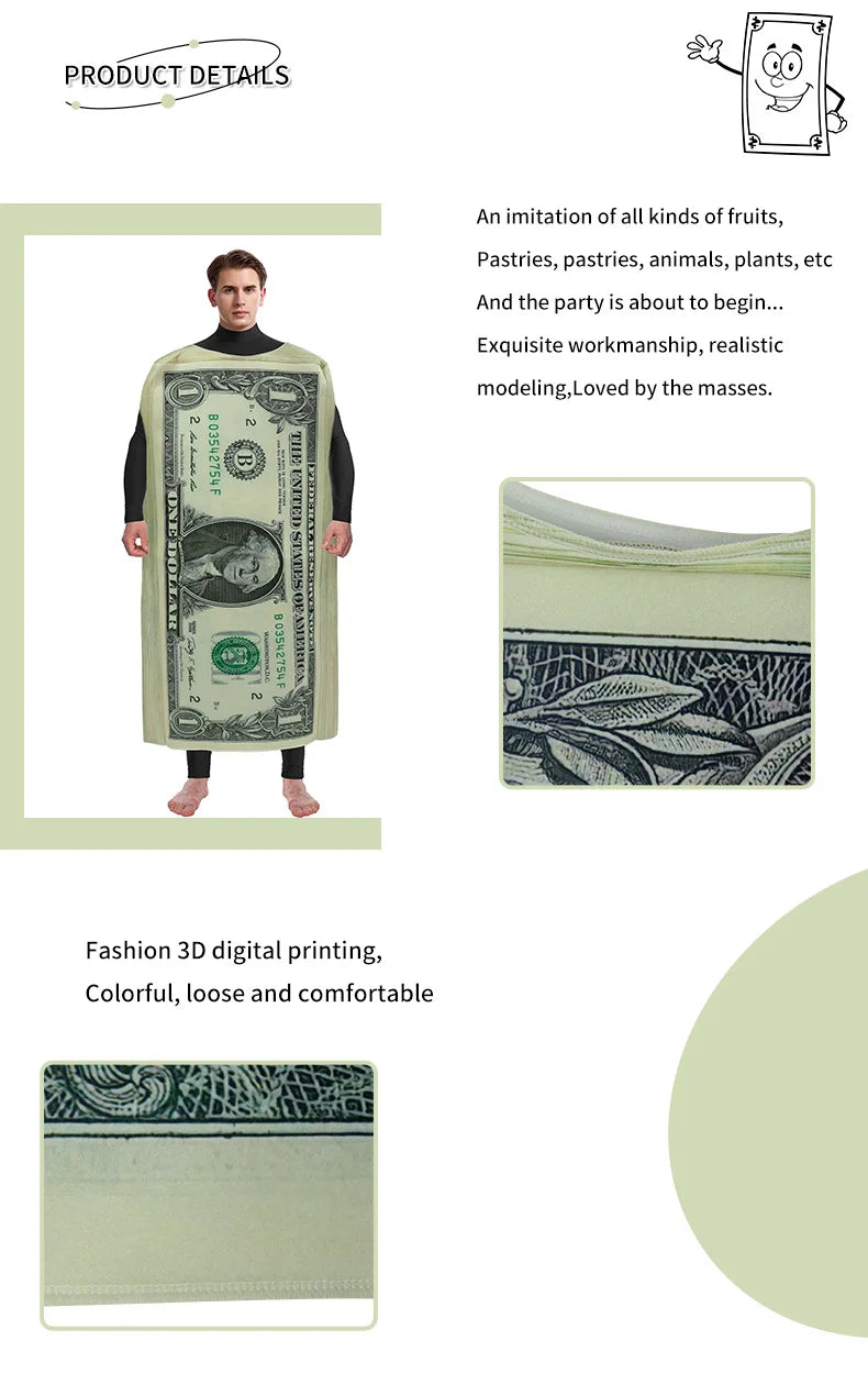 Adult 1 Dollar Bill Costume Carnival Party Jumpsuit Funny Sponge Print Outfit Money Fancy Dress Cosplay Clothes Novelty Gifts