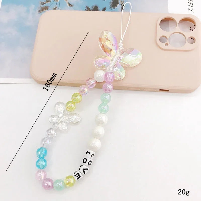 2024 Acrylic Flower Cat Head Beads Charm Phone Chain Lanyard Jewelry for Women Phone Case Strap Butterfly LOVE Letter Accessory