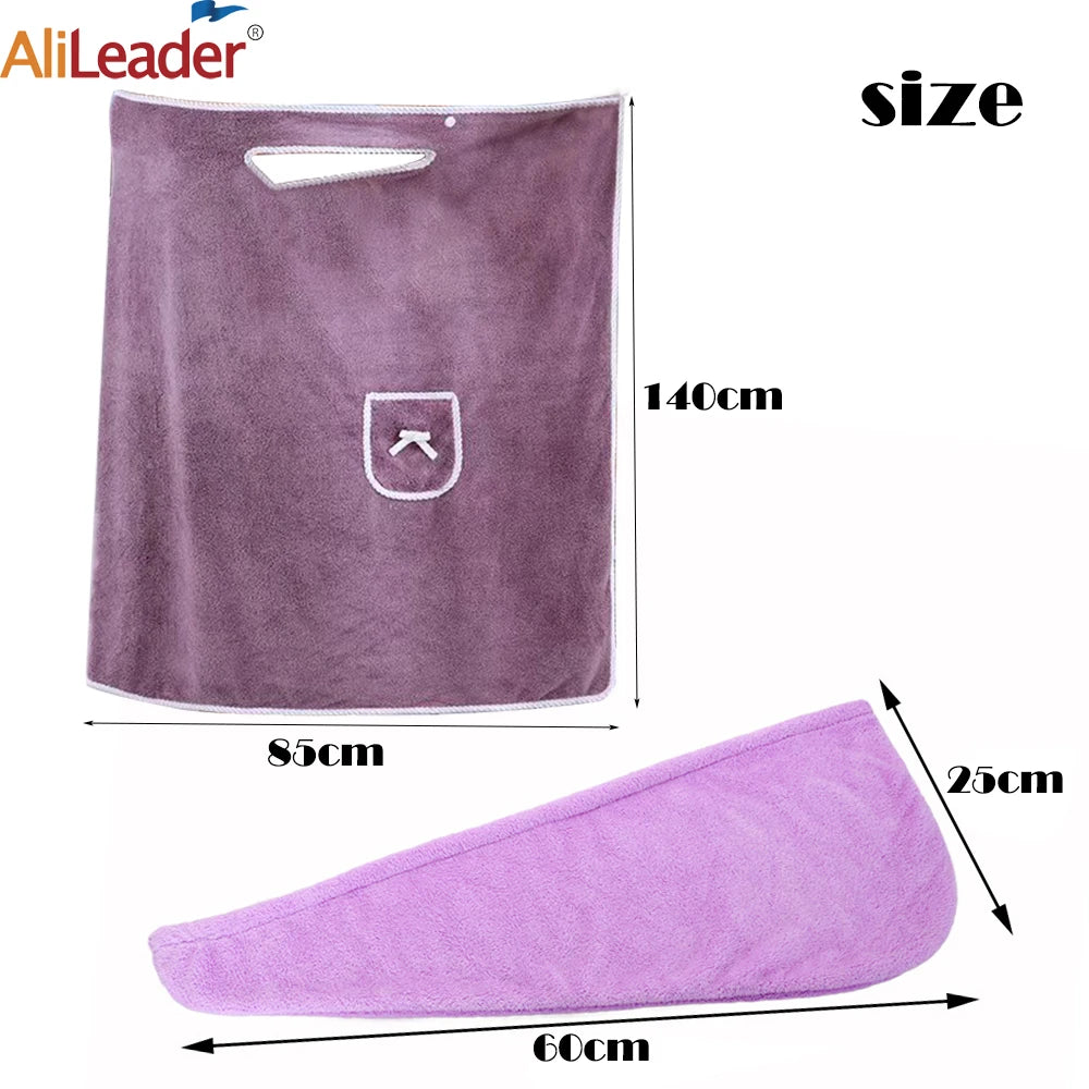 Bath Towel And Turban Hair Towel For Women With Lovely One Pocket Wearable Microfiber Towels 2 Pcs/Set Bathroom Accessories