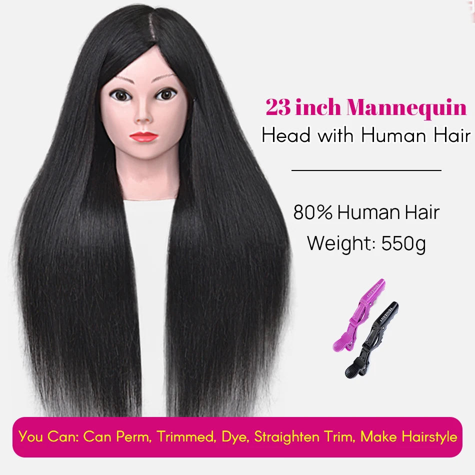 New Female Mannequin Training Doll Head With 80% Real Hair For Hairsyles Hairdressing Cosmetology Dolls Head With Stand Tripod