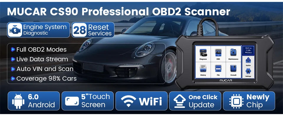 MUCAR CS90 Diagnostic Tools With 28 Reset Services Lifetime Free Auto Tools Engine System Diagnostic Scanner With 5inch Screen