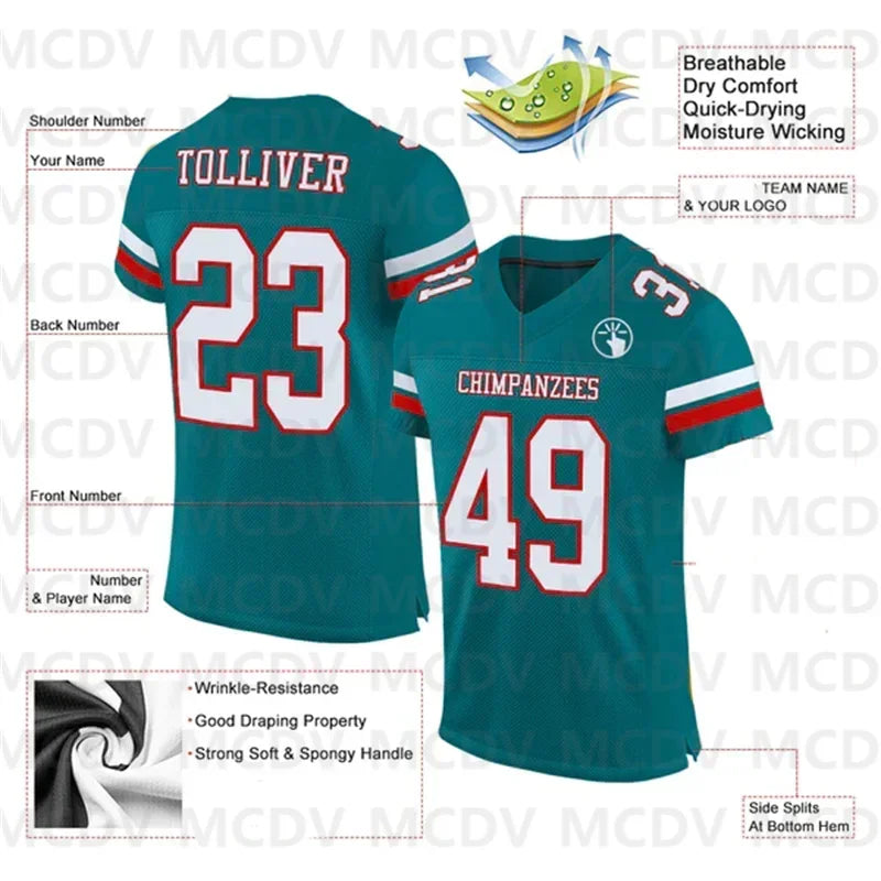 Custom Teal White-Red Mesh Authentic Football Jersey  Short Sleeves Athletic Tee Shirts Unisex Top streetwear