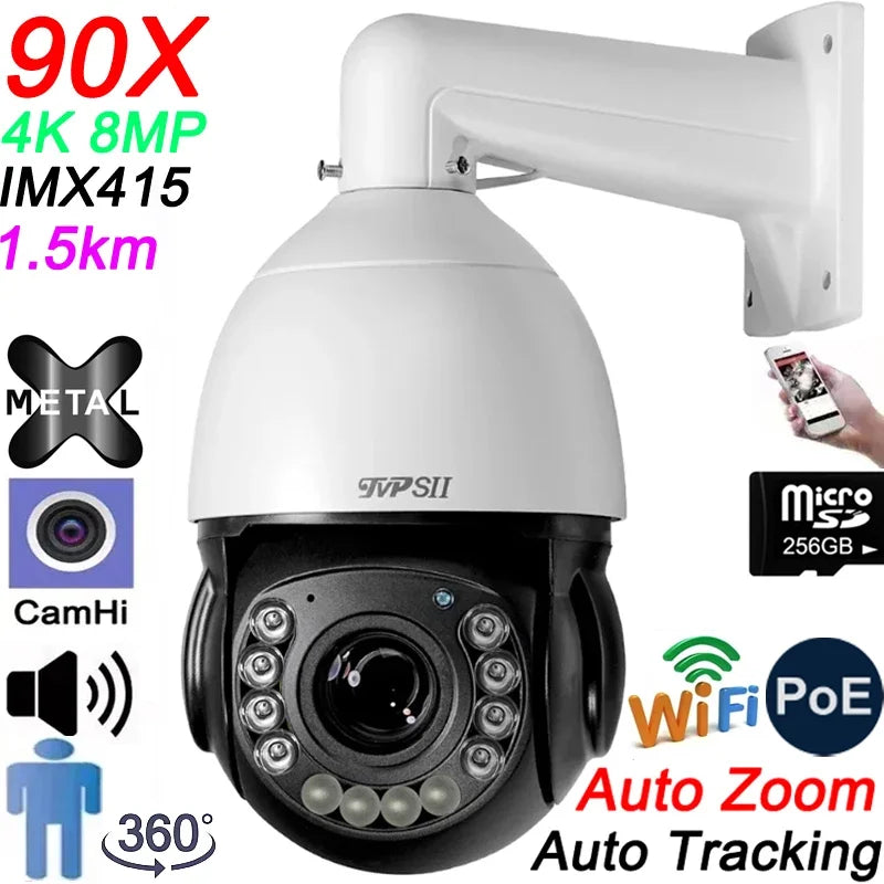 Auto Tracking CamHi H.265+ 8MP 4K IMX415 Laser Infrared 256G 90X Optical Zoom Audio 360° Rotate Alarm WIFI POE PTZ IP Camera