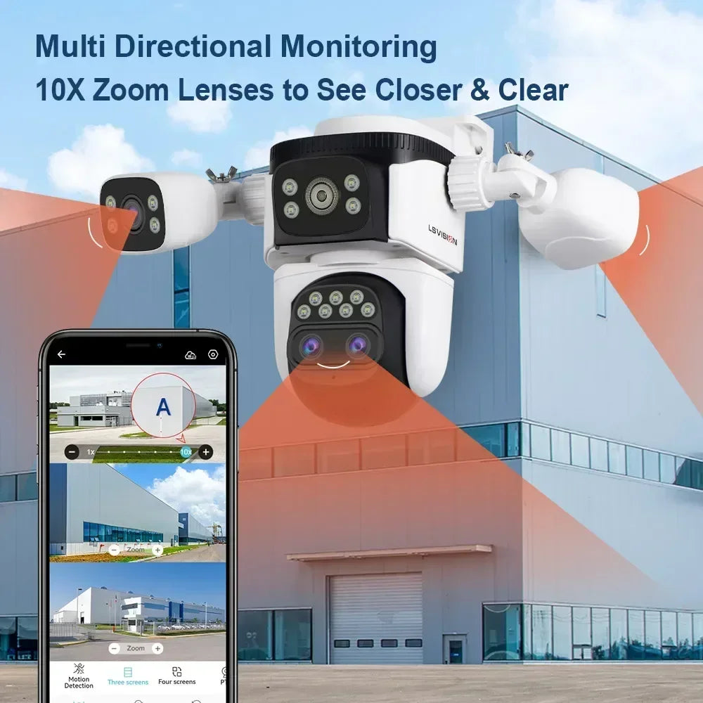 LS VISION 20MP Four Screens WiFi Security Camera Outdoor 10X Optical Zoom Four Lens Human Auto Tracking Waterproof CCTV Cameras