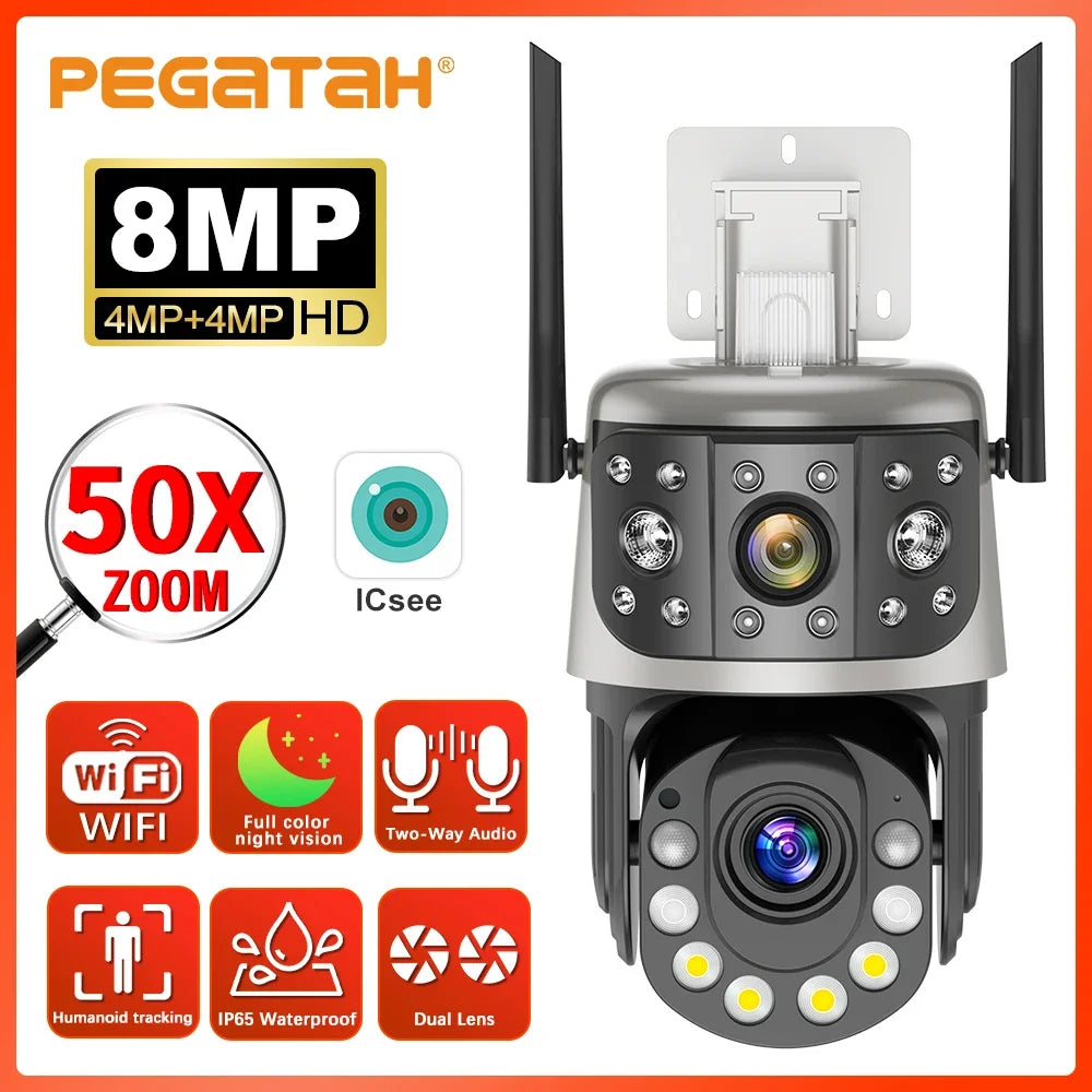 8MP Outdoor Wifi 50X Optical Zoom PTZ Camera Dual Screen Auto Tracking IP Video Surveillance Camera CCTV Two Way Audio ICSEE