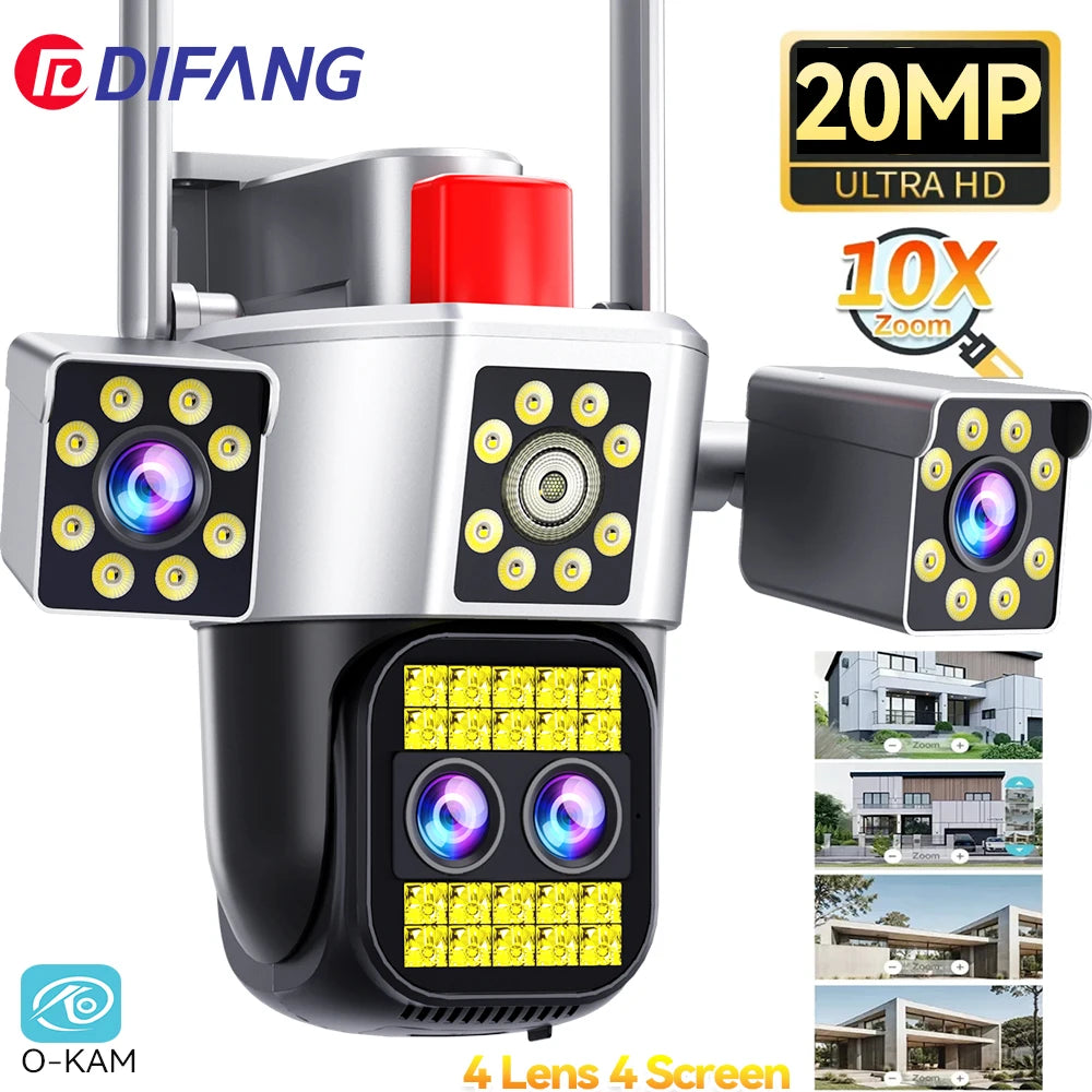 Outdoor Four Screen 10K WiFi Camera Four Lens 10X Optics Zoom 20MP Video Surveillance Auto Tracking Home Security Camera CCTV