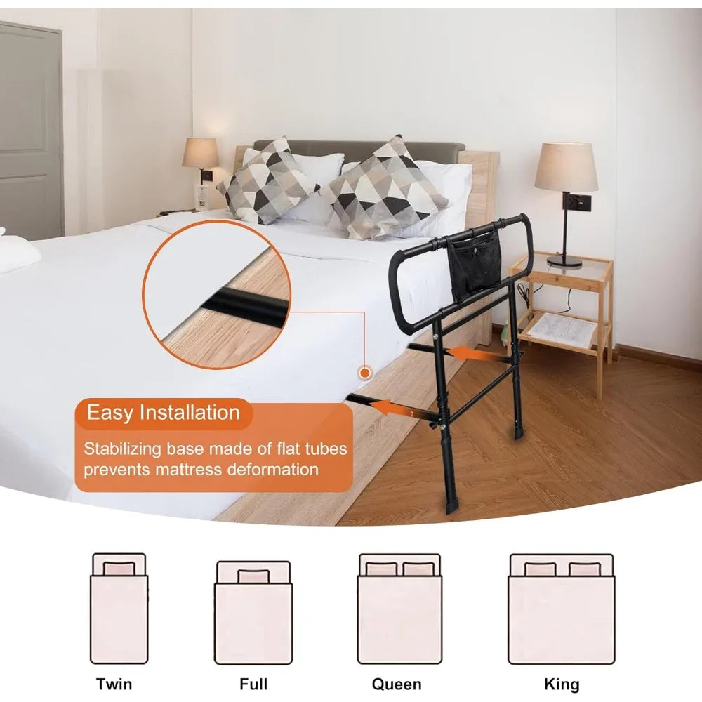 Adjustable Bed Rails for Elderly Adults Safety with Motion Light,Foldable Heavy Duty Bed Rail with Extended Grab Bar,Pouch Bag