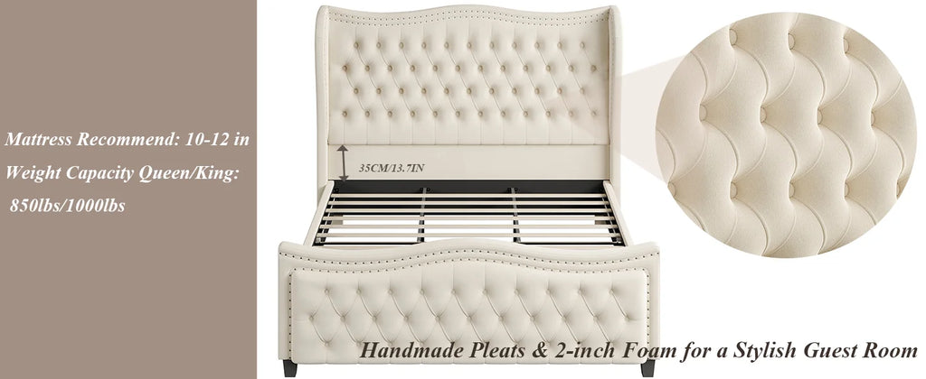 Queen Bed Frame, 55" Headboard Upholstered Bed with Tall Footbaord, Velvet Handmade Pleats Deep Button Tufted Wingback P