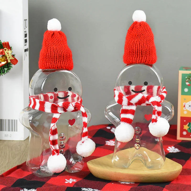 1Pc Christmas Gingerbread Man Portable Shaker Drink Bottle Milk Tea Beverage Thickened Transparent Bottle New Year Gifts
