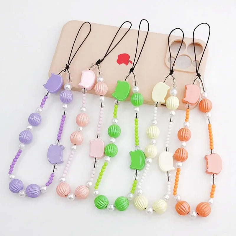 2024 Acrylic Flower Cat Head Beads Charm Phone Chain Lanyard Jewelry for Women Phone Case Strap Butterfly LOVE Letter Accessory