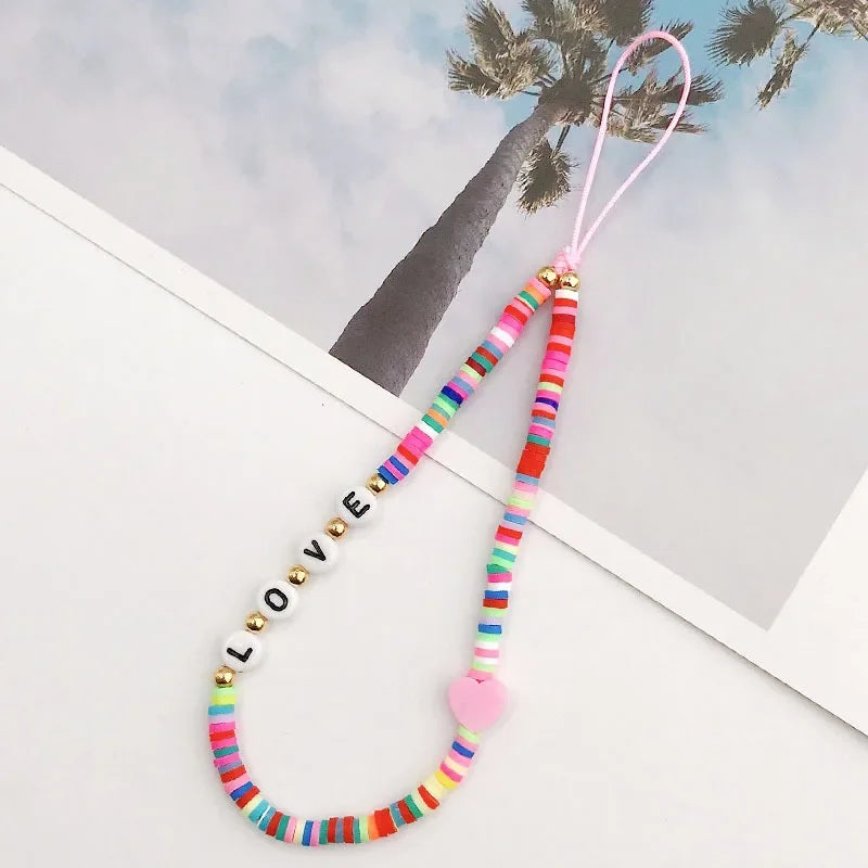 Bohemian Butterfly Soft Pottery Phone Chain Lanyard DIY Letters LOVE Pearl Beaded Phone Case Rope Charm Jewelry Accessories 2023