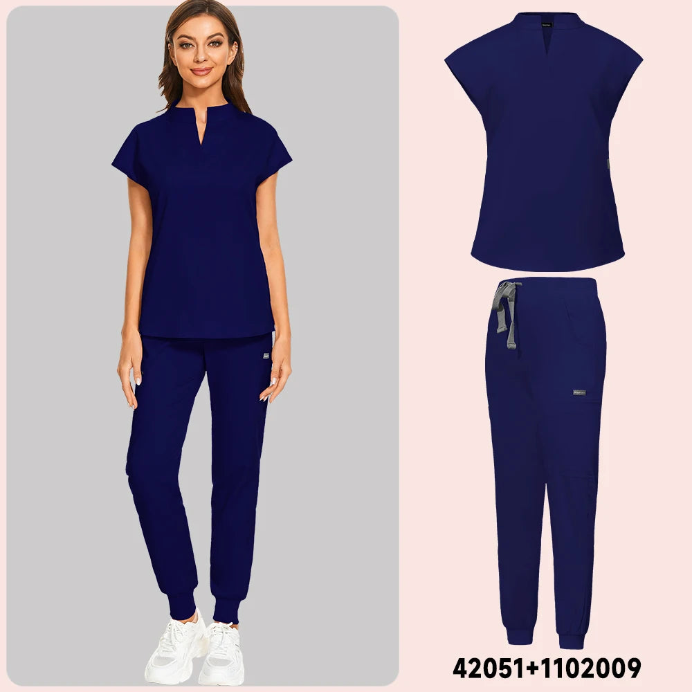 Plus Size Scrubs Set Women Medical Nurse Uniforms Stand Neck V-cut Scrub Top Jogger Pants Vet Doctor Healthcare Workers Workwear